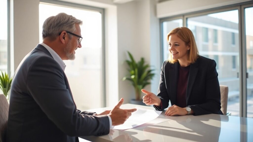 Versicherungsberater und Kunde im Gespräch im Büro.