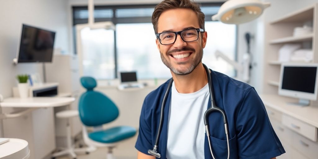 Zahnarzt lächelt in moderner, heller Praxis.