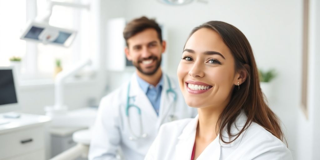 Ein Zahnarzt lächelt in einer modernen Praxis.