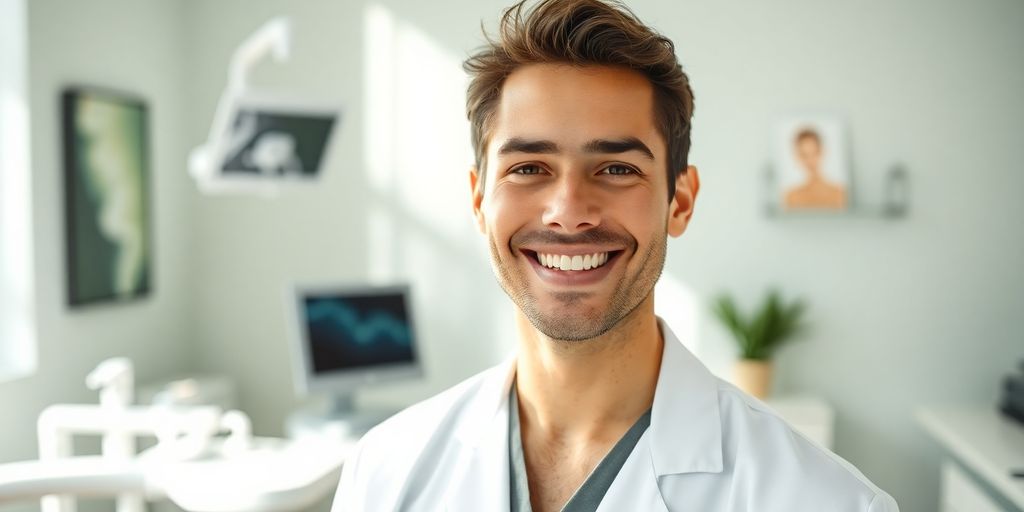 Zahnarzt lächelt in heller Zahnarztpraxis.