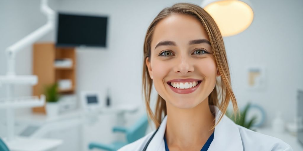 Lächelnde Zahnärztin in heller Praxis