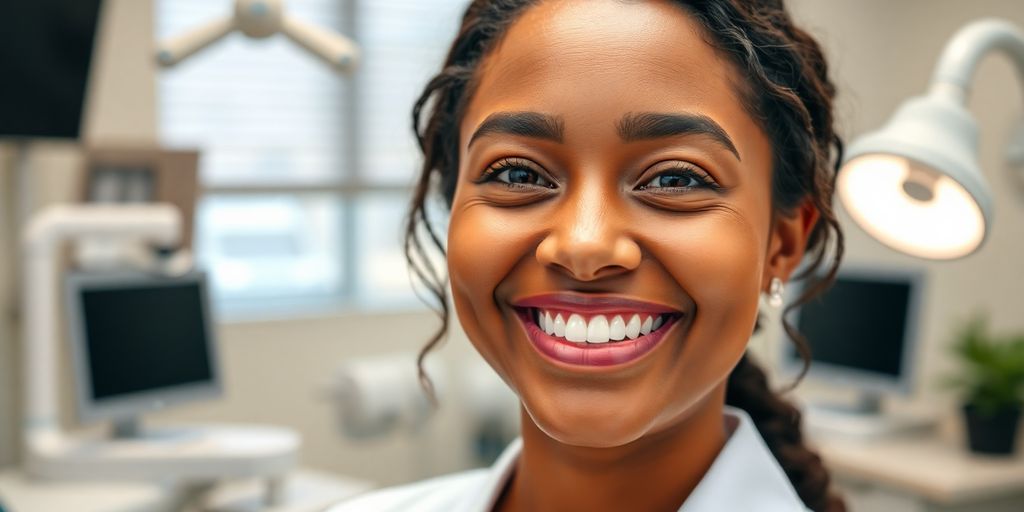 Zahnarzt lächelt in heller Praxis