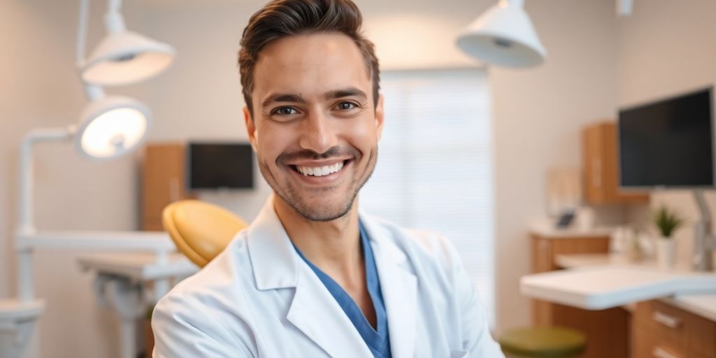 Zahnarzt lächelt in einer modernen Praxis.