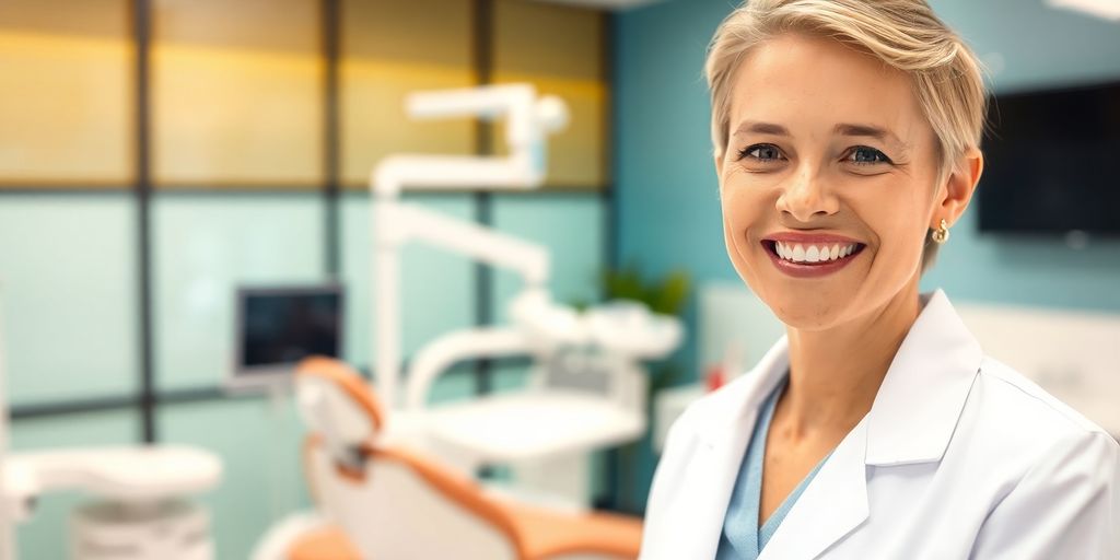 Lächelnder Zahnarzt in moderner Praxis.