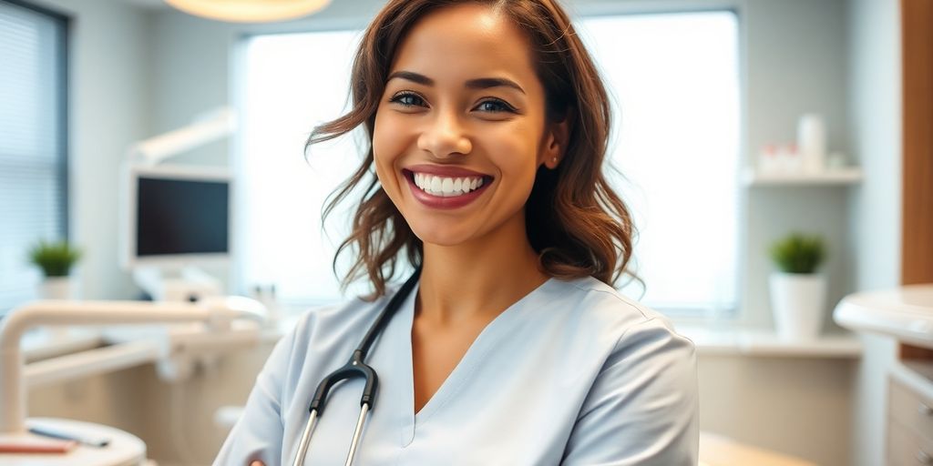 Glücklicher Zahnarzt lächelt in heller Praxis.