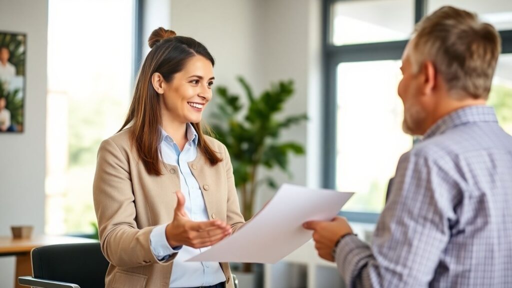 Versicherungsberater und Kunde im Gespräch im Büro.