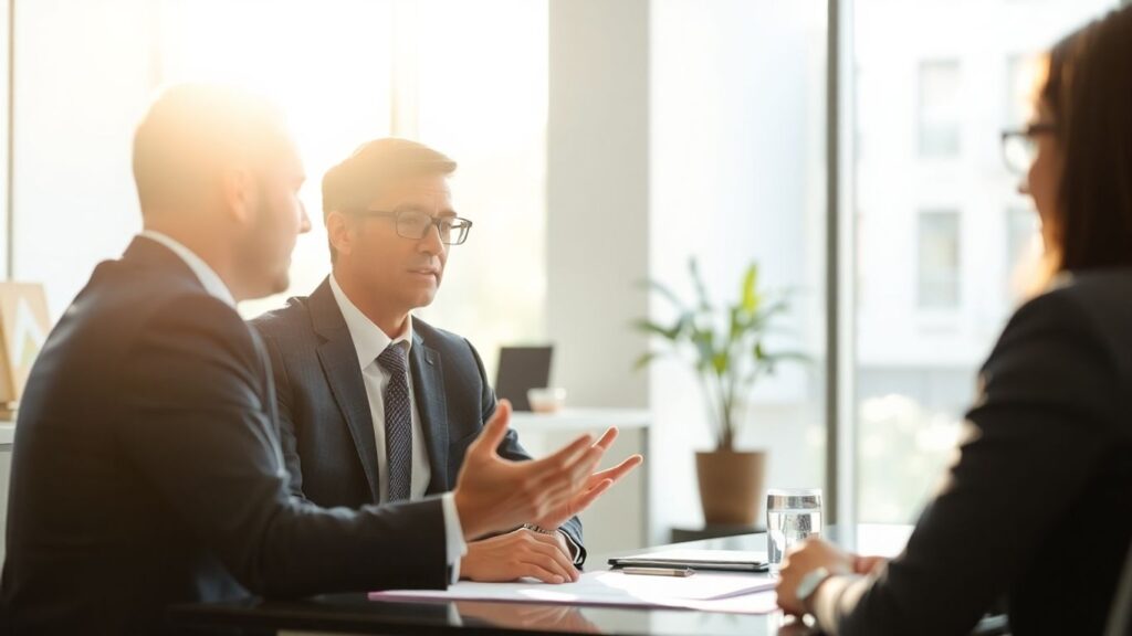 Versicherungsberater und Kunde im Gespräch im Büro