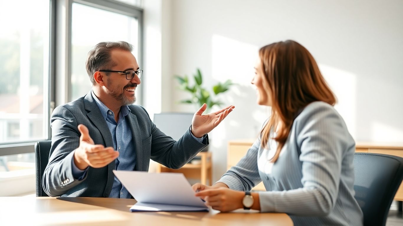 Versicherungsberater und Kunde im Gespräch im Büro.
