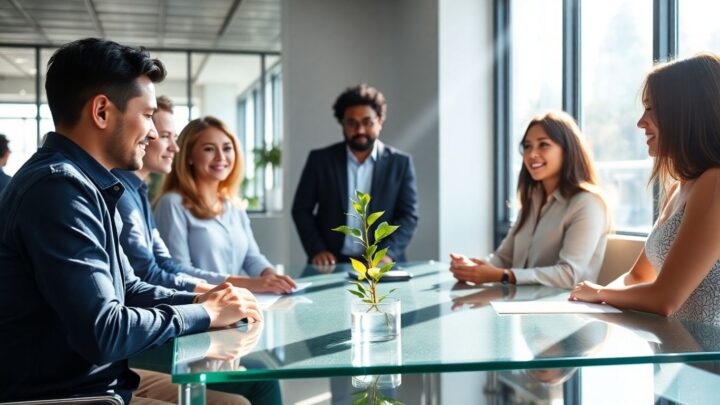 Menschen arbeiten zusammen in einem hellen Büro.