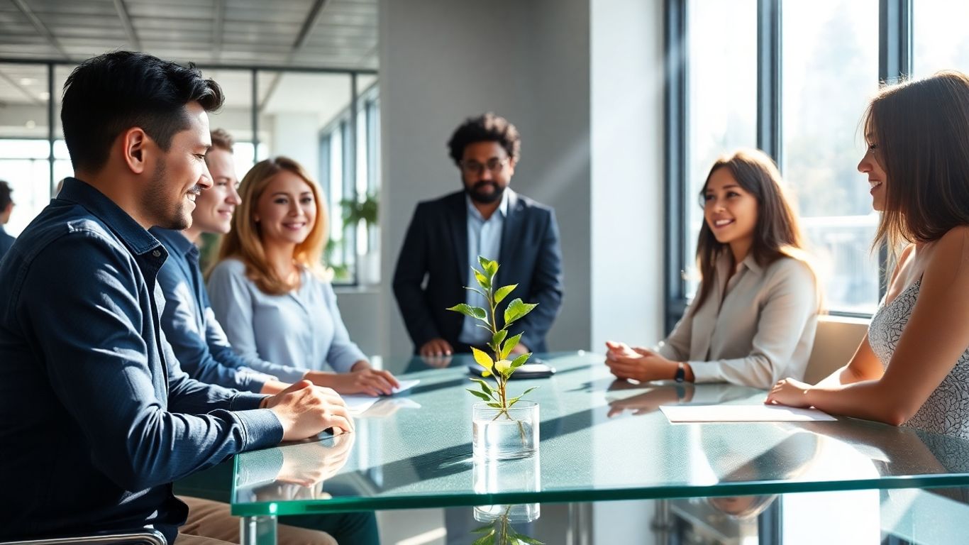 Menschen arbeiten zusammen in einem hellen Büro.