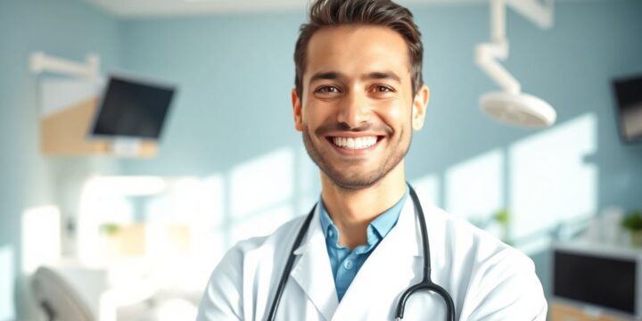 Zahnarzt lächelt in moderner Praxis