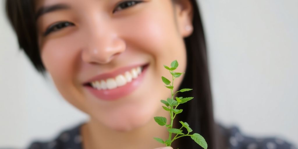 Ein lächelnder Mensch hält eine kleine grüne Pflanze.