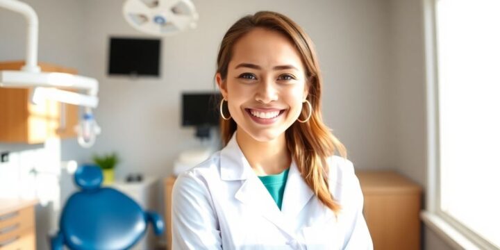 Zahnarzt lächelt in heller Zahnarztpraxis