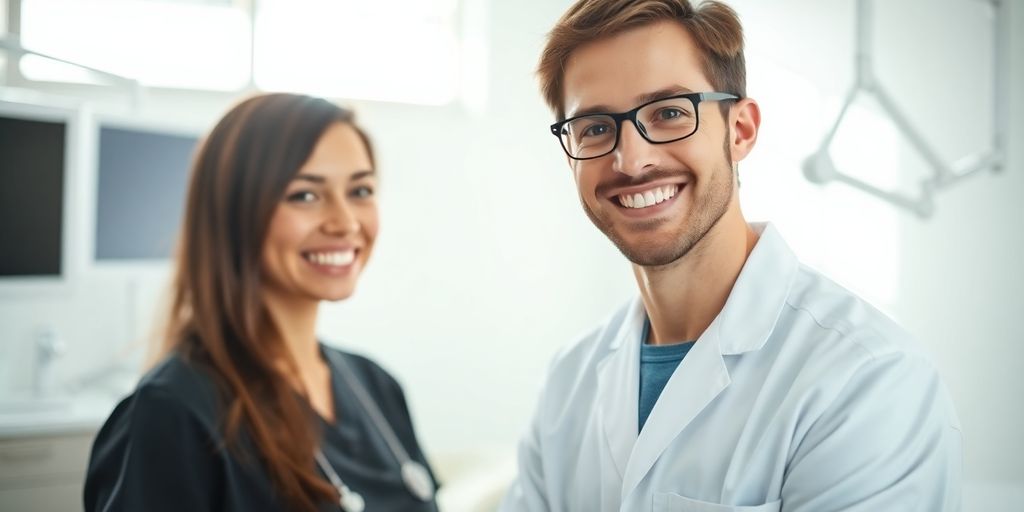 Ein Zahnarzt lächelt in einer hellen, modernen Praxis.