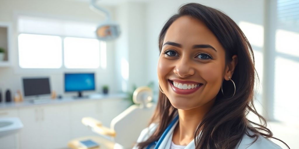 Zahnarz lächelt in heller Praxis