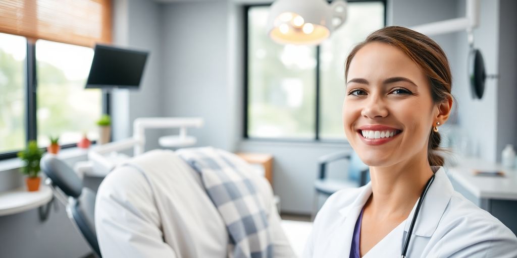 Lächelnder Zahnarzt in heller Praxis