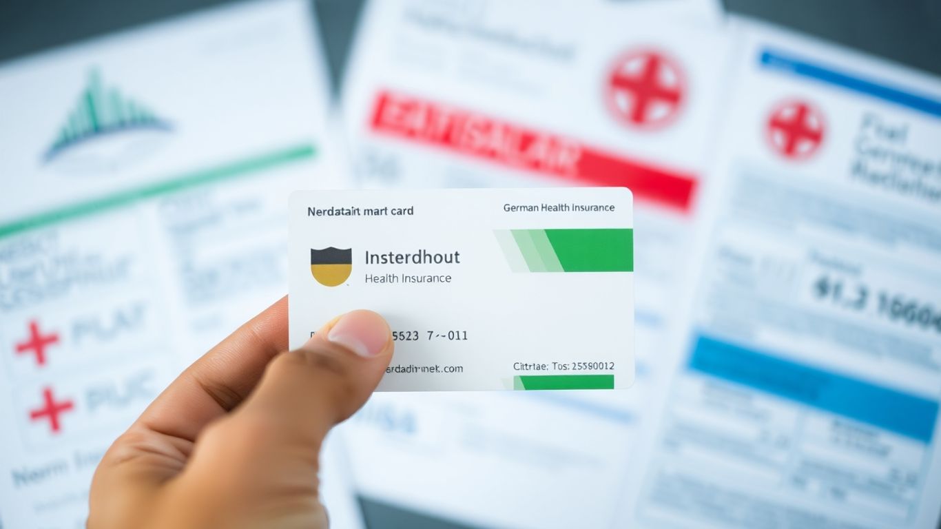 Deutsche Krankenversicherungskarte mit medizinischen Dokumenten im Hintergrund.