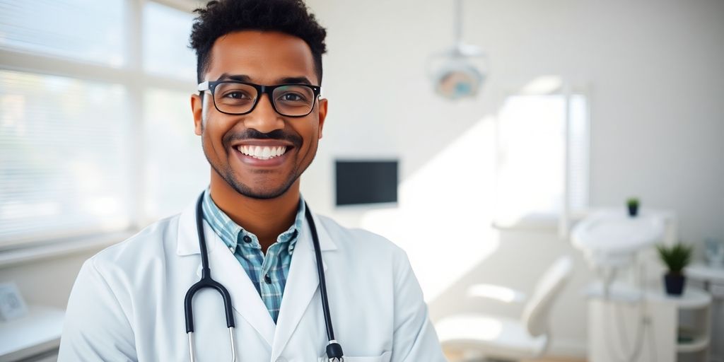 Lachender Zahnarzt in heller Praxis