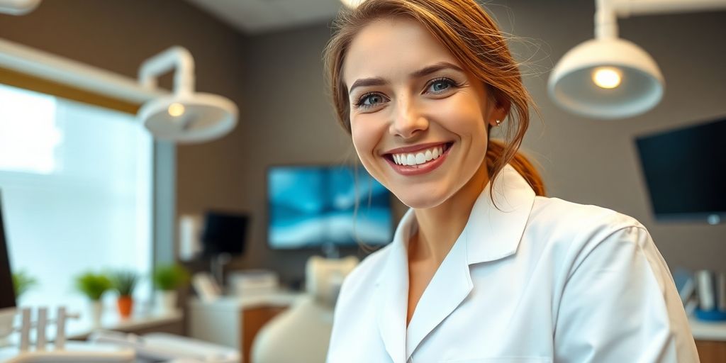 Lächelnder Zahnarzt in heller Praxis