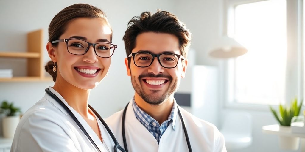 Zahnarzt lächelt in heller Praxis