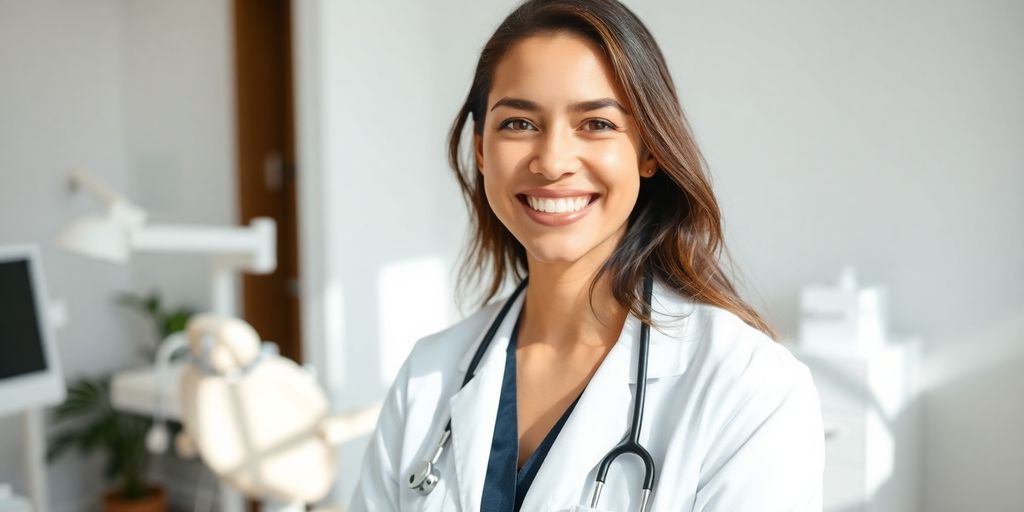 Lächelnder Zahnarzt in heller Zahnarztpraxis