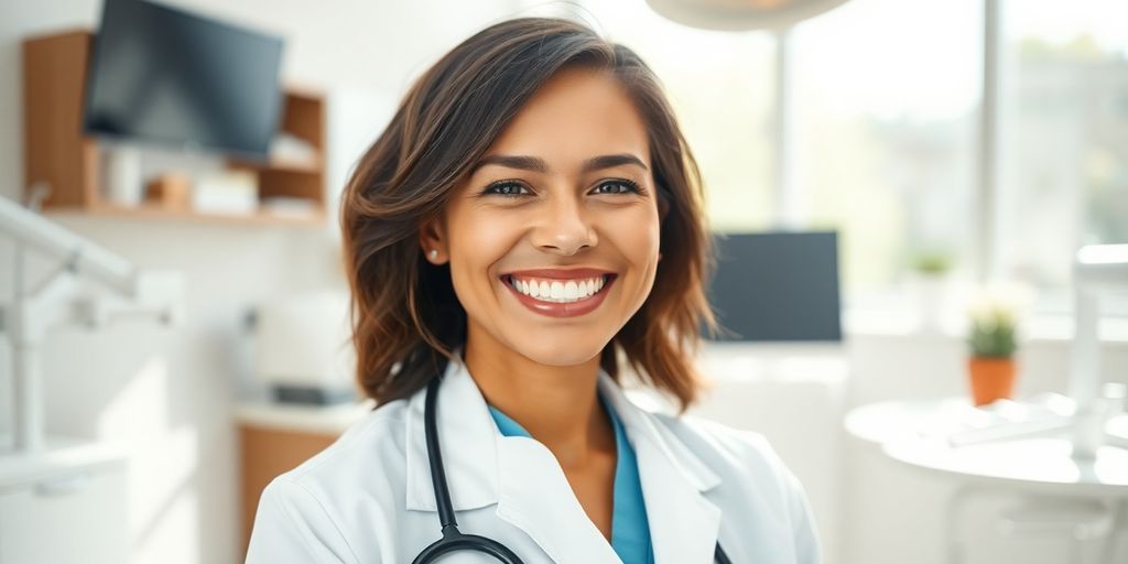 Lachender Zahnarzt in heller Praxis