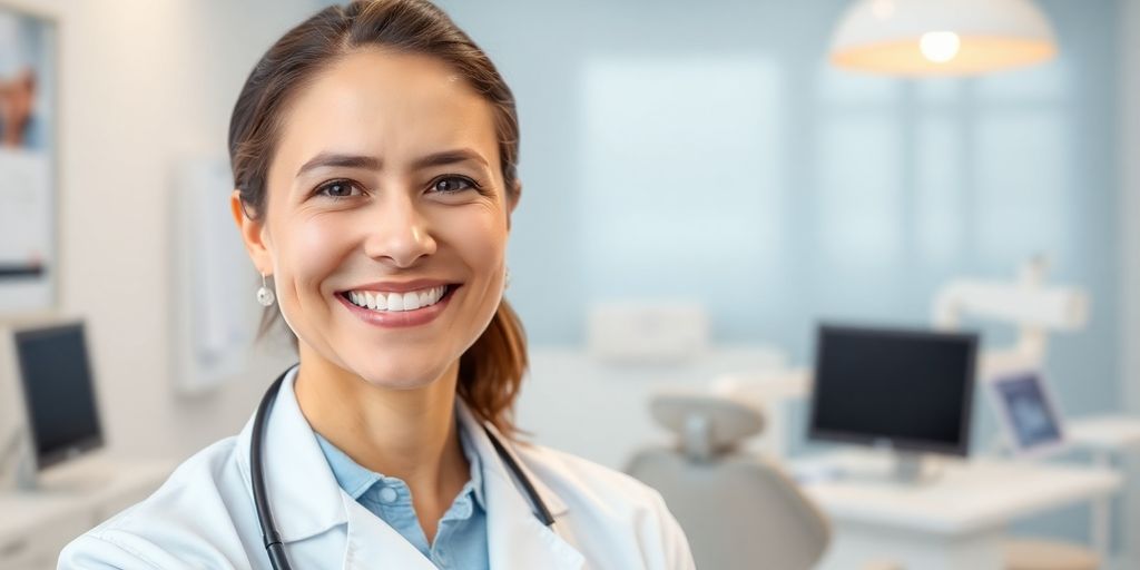 Zahnarzt lächelt in heller Praxis