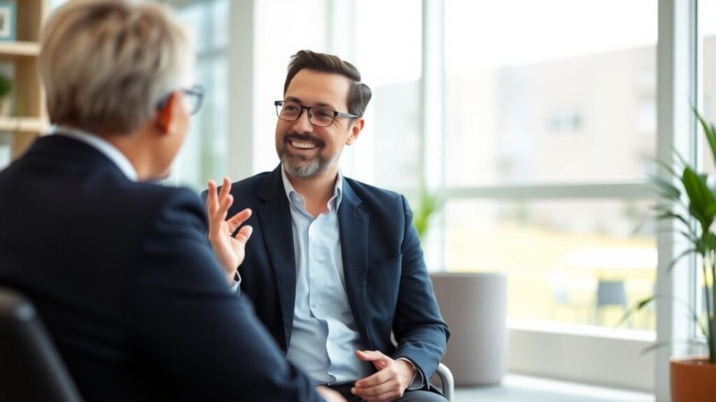 Versicherungsberater und Kunde im Gespräch im Büro.