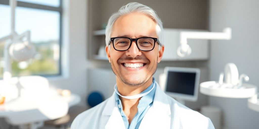 Zahnarzt lächelt in heller, moderner Praxis.
