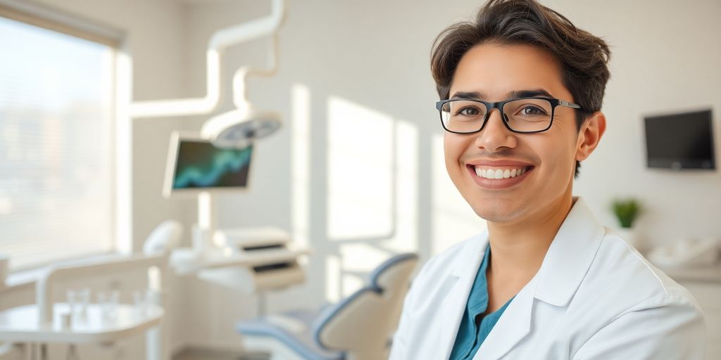 Zahnarzt lächelt in heller, moderner Praxis.