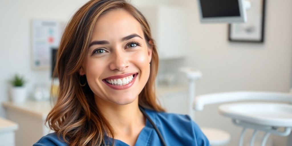 Zahnarzt lächelt in heller, moderner Praxis.