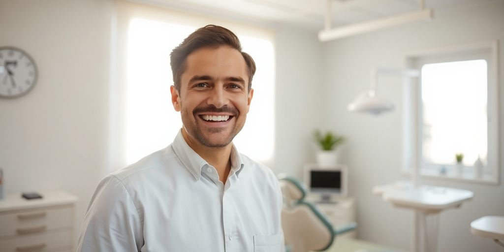 Lächelnder Zahnarzt in einer hellen Praxis.
