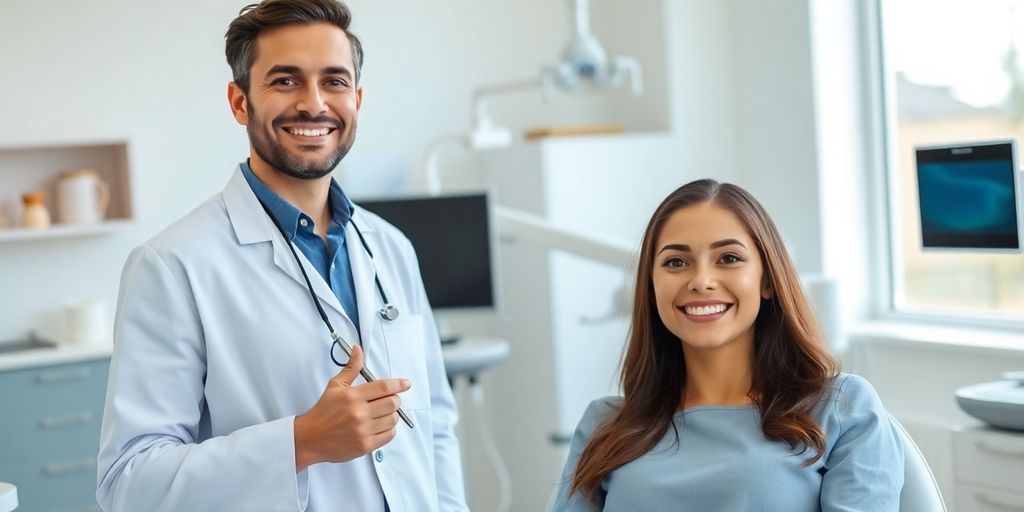 Zahnarzt mit lächelndem Patienten in heller Praxis