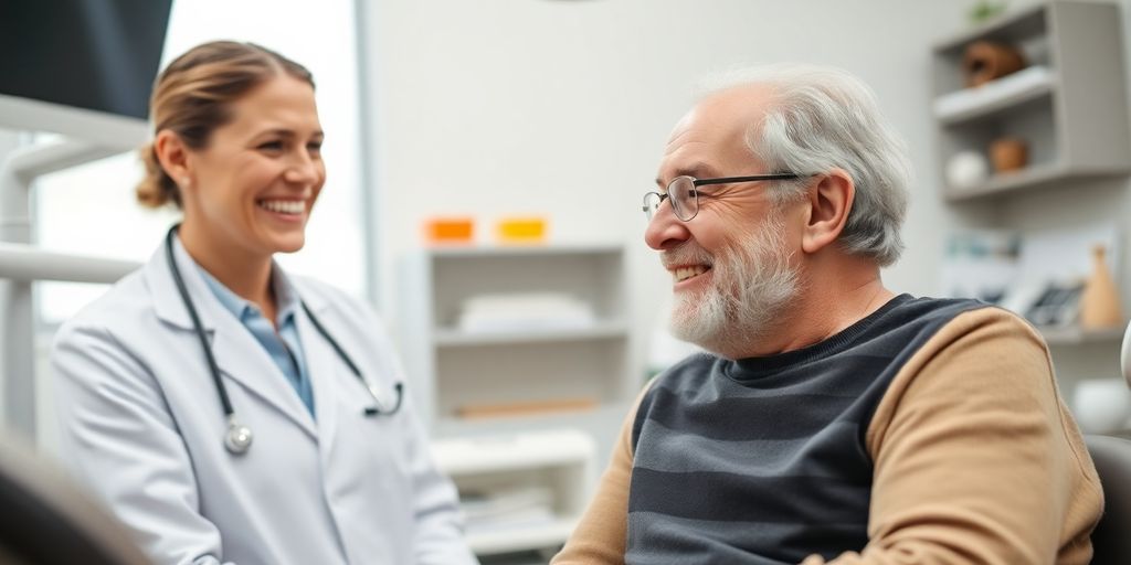 Zwei lächelnde ältere Menschen bei der Zahnbehandlung.