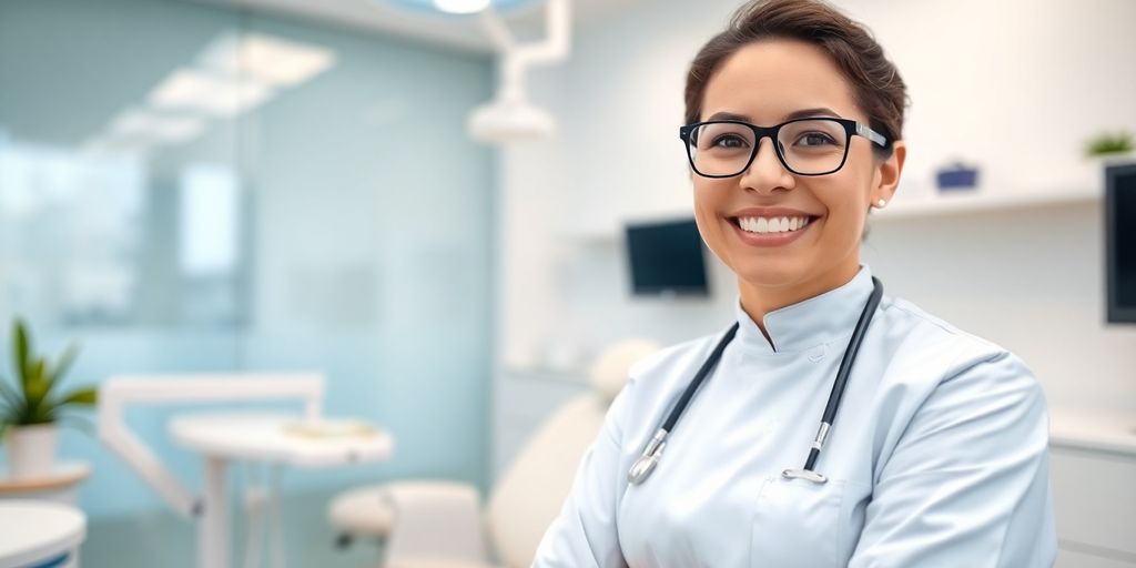 Zahnarzt lächelt in moderner hellblauer Praxis