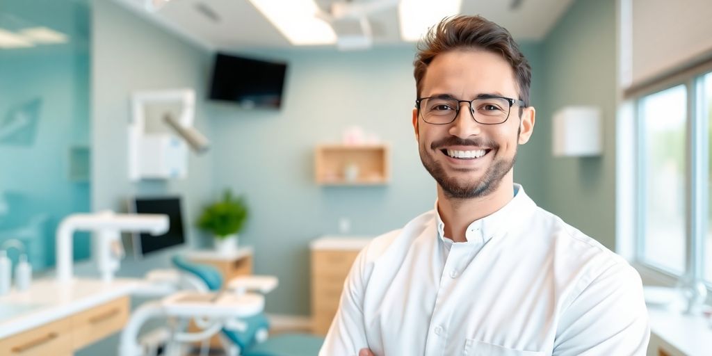 Zahnarzt lächelt in heller Praxis