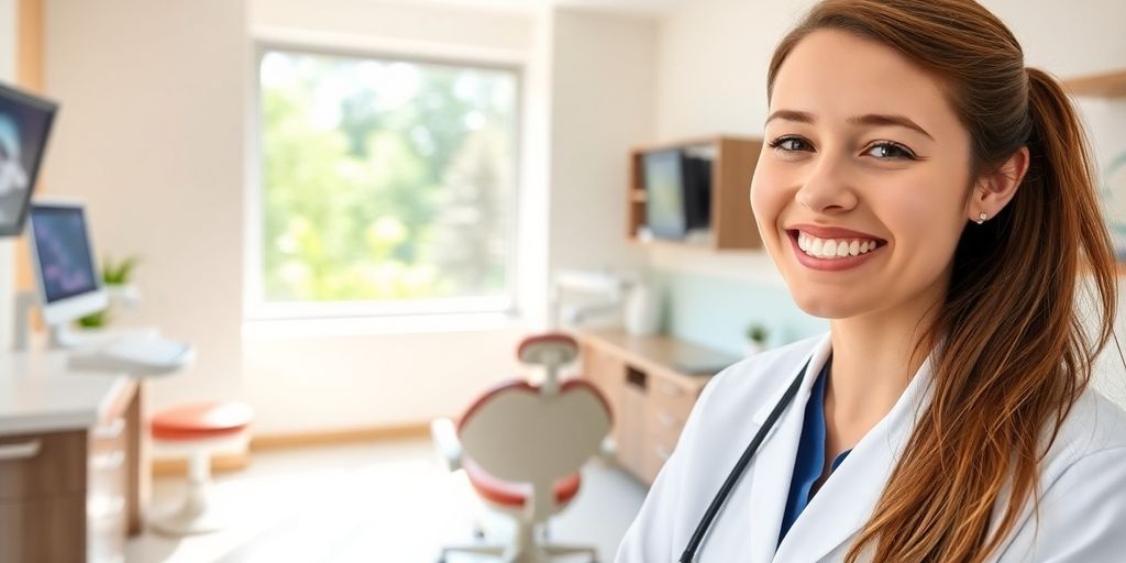 Zahnarzt lächelt in heller Praxis.