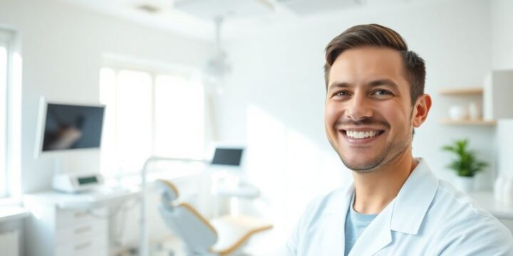 Zahnarzt lächelt in heller Praxis