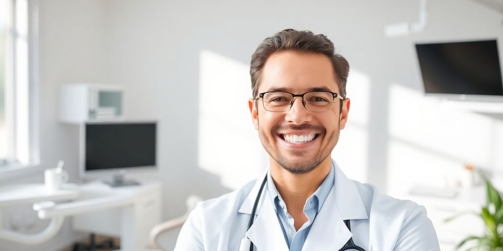 Zahnarzt lächelt in heller Praxis