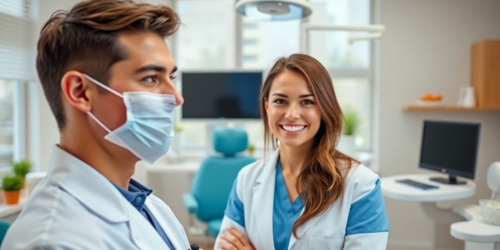 Zahnarzt lächelt in heller, moderner Praxis.