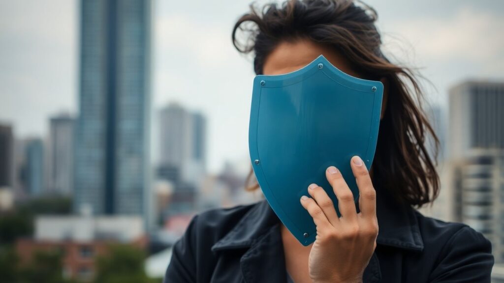 Person mit Schutzschild vor Stadtkulisse