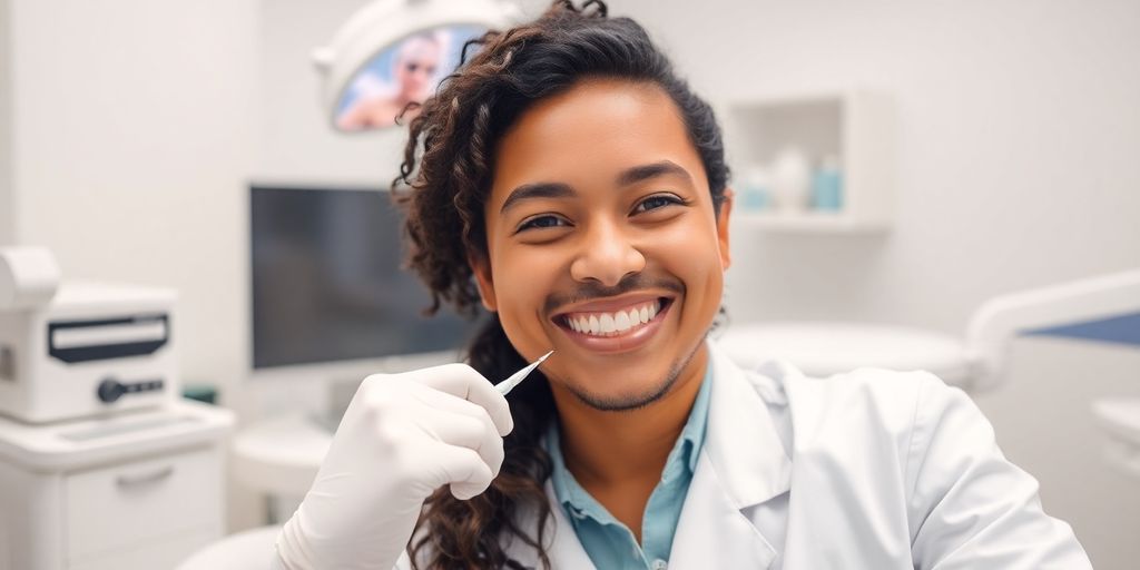 Lächelnder Zahnarzt in heller Praxis