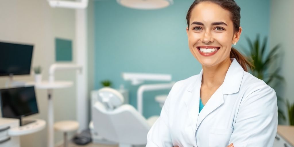 Lächelnder Zahnarzt in heller Praxis