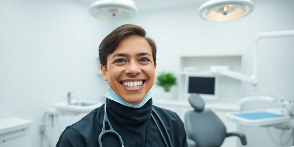 Zahnarzt lacht in heller Praxis