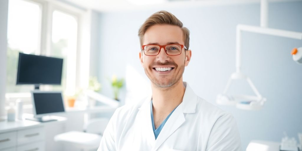 Zahnarzt lächelt in moderner Praxis.