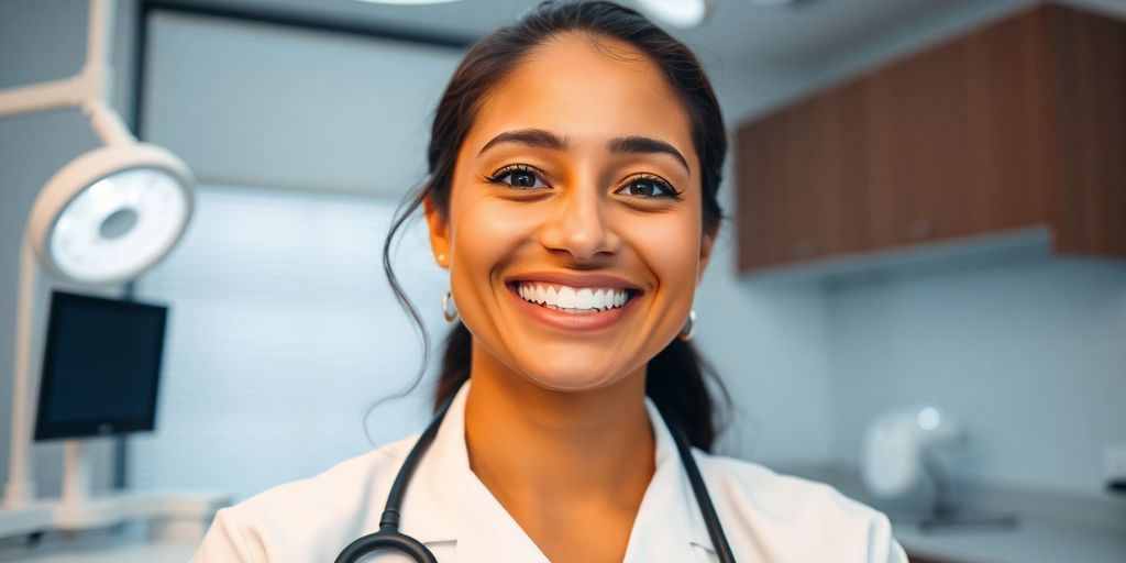 Zahnarzt lächelt in heller, moderner Praxis