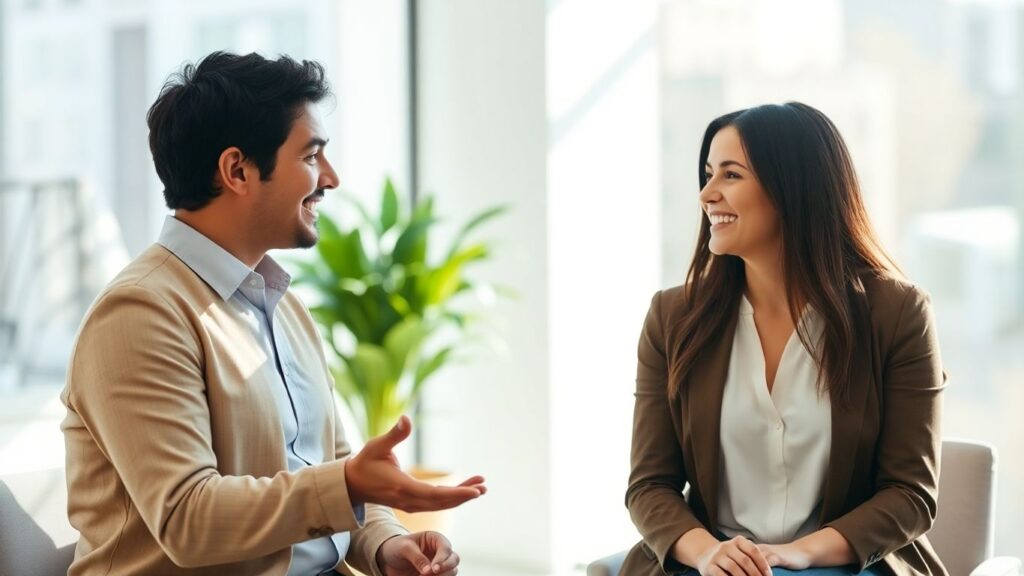 Versicherungsberater und Kunde im Gespräch im Büro.