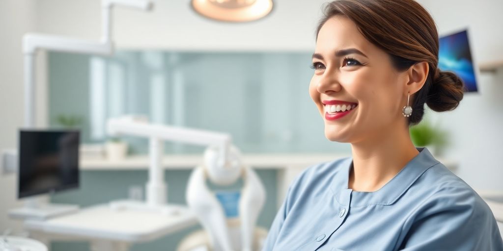 Lachender Zahnarzt in moderner Praxis