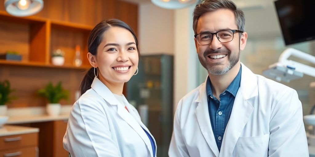 Zahnarzt lächelt in heller moderner Praxis