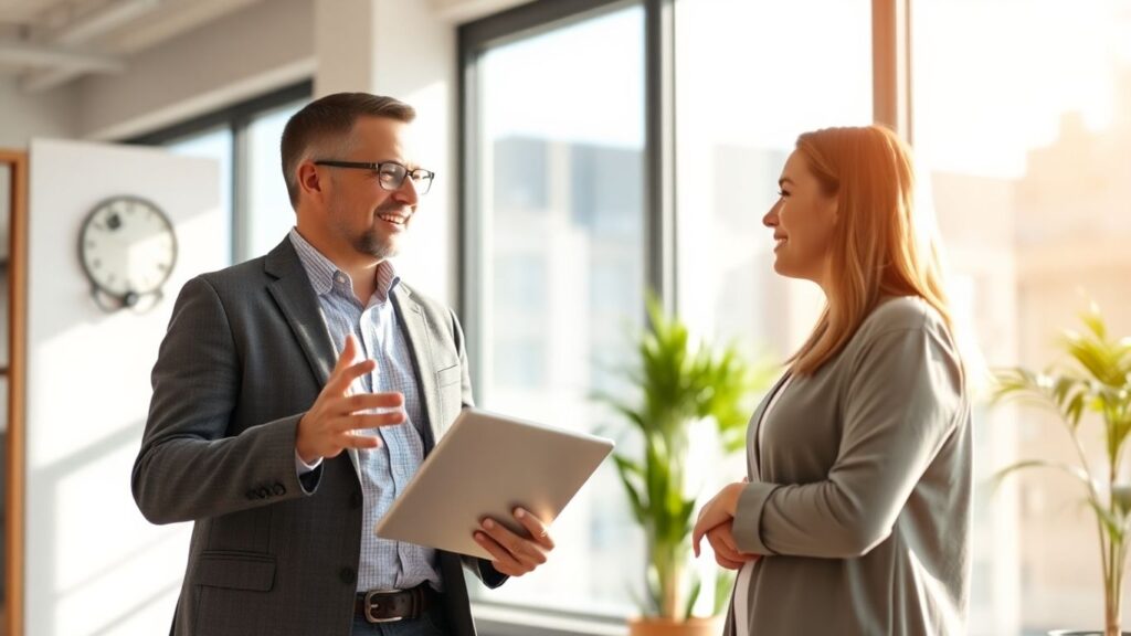 Versicherungsberater und Kunde im Gespräch im Büro